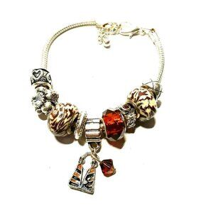 Charm Bead Bracelet Marble Faceted Amber Glass Rhinestone Silver Tone Purse